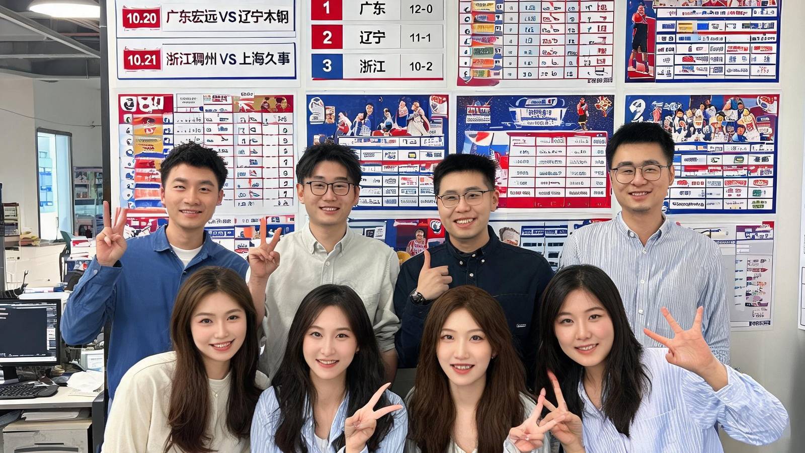 CBA比分直播创始团队8人在办公室合影，背景墙上贴满CBA赛程表和数据海报
