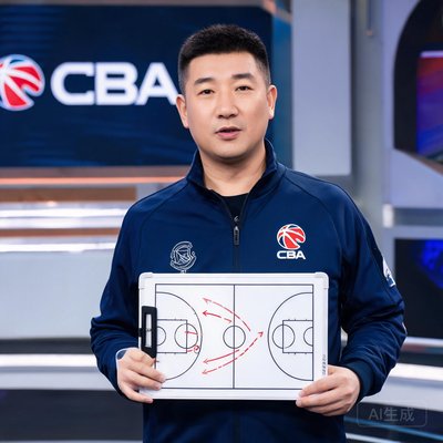 内容主编刘大鹏，穿着CBA官方夹克，手拿战术板