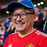 一位戴眼镜的中年男性球迷，面带微笑
